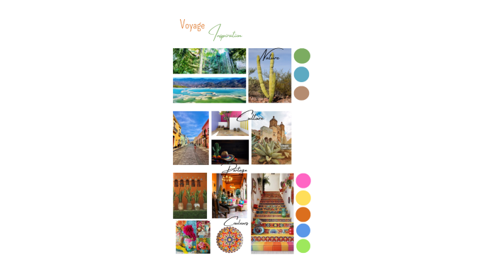 Collage de destinations touristiques avec paysages, monuments et motifs colorés.